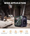 Powerful 5500W Inverter Generator Portable Gas Powered, camo finish, in workshop setting, ideal for home and RV use.