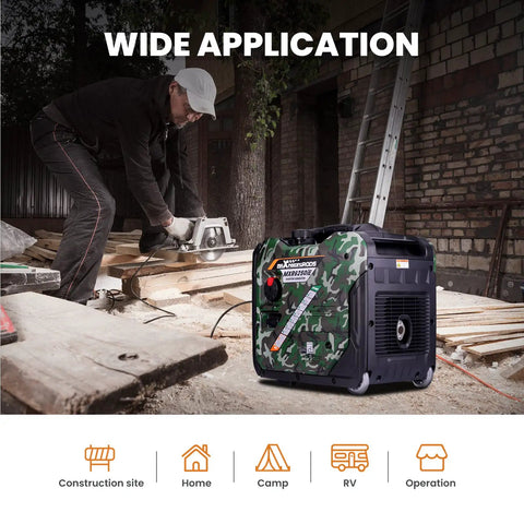 Powerful 5500W Inverter Generator Portable Gas Powered, camo finish, in workshop setting, ideal for home and RV use.