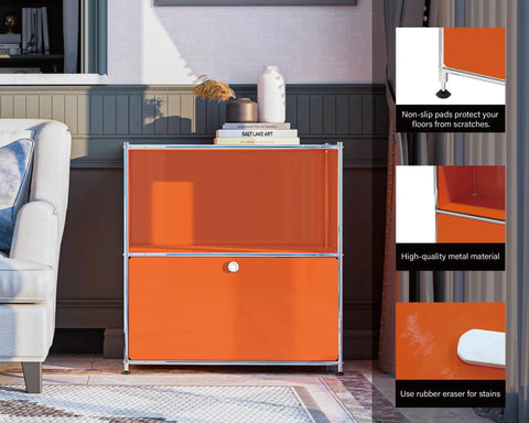 Front view of 32.5-Inch Flip-Top Side Table With Detachable Wheels, Big Storage Space, DIY Corner Bookshelf in bright orange.