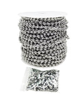 Stainless Steel Ball Chain Spool With 100 Feet of Beads Measuring Three Sixteenth Inch and 100 Clasps for DIY Projects, Chrome Plated and Corrosion Resistant Chain Perfect for Jewelry Making, Crafting, and Lanyards.