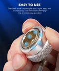 AC Freon Recharge Kit For Home Or Car 6-ball quick coupler, close-up of knurled grip ring and snap lock connection