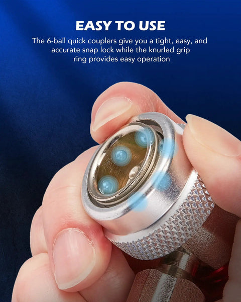 AC Freon Recharge Kit For Home Or Car 6-ball quick coupler, close-up of knurled grip ring and snap lock connection