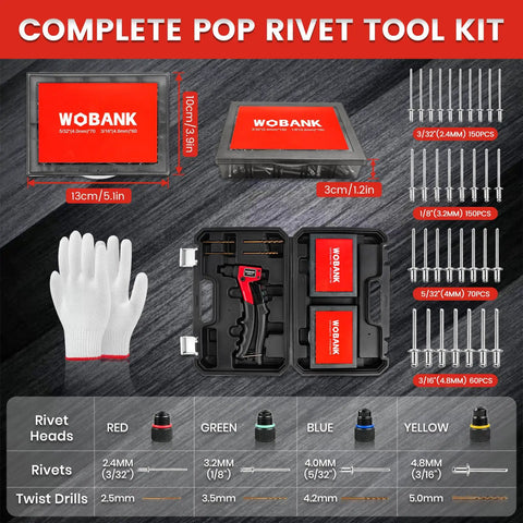 Rivet Gun Kit With 430 Aluminum Rivets, 4 Drill Bits And Protective Gloves In Portable Carrying Case For Home Workshop And Sheet Metal Projects.