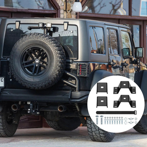 Ride Ready High Lift Jack Mount Kit With Two Heavy Duty Farm Jack Brackets And Protective Cover Caps Plus Secure Hook Loop Strap Straight Bolt On Setup For Off Road Trucks And Rigs, showing brackets and hardware.