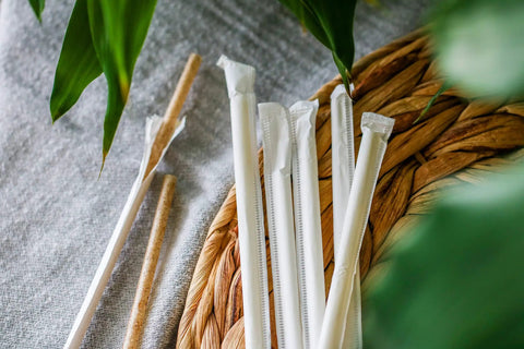 Agave Fiber Straws 1000 Count Individually Wrapped 8.2 Inch Biodegradable Eco Friendly Plant Based Reusable Alternative To Paper And Plastic Straws For Everyday Kitchen And Bar Use, wrapped straws on woven tray