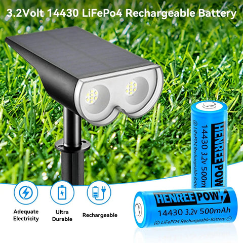 3.2V 14430 LiFePO4 rechargeable battery 500mAh displayed with solar light in grass