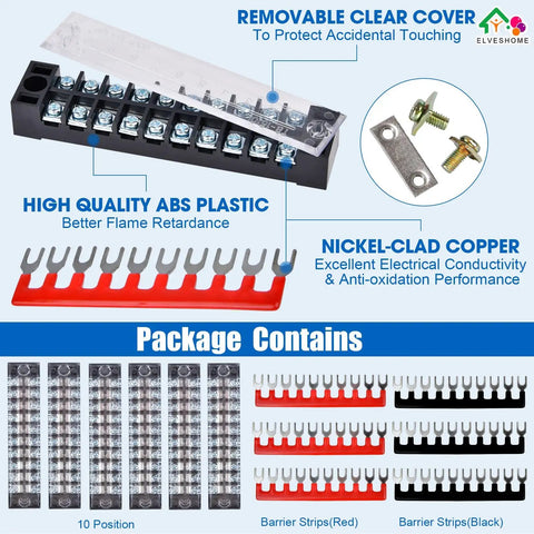 12 Pack 10 Position Screw Terminal Blocks With Covers And Ground Pluggable PCB And Busbar 600V 15A display with accessories