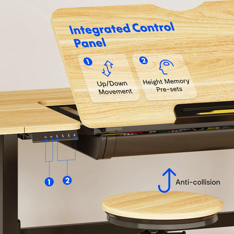 Flexispot Electric Drafting Table With Adjustable Height And Tilting Top 47.2 By 23.6 Inches Integrated control panel showing height presets.