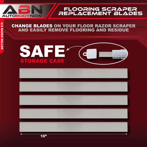 Replacement 8 Inch Floor Razor Scraper Blades 5 Pack for Heavy Duty Garage Flooring Removal displayed with storage case