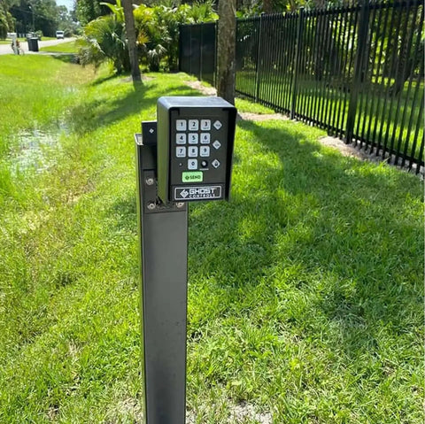 Premium Wireless Keypad For Automatic Gate Openers AXWK Model with Guest Access, PartyMode, VacationMode on post outdoors