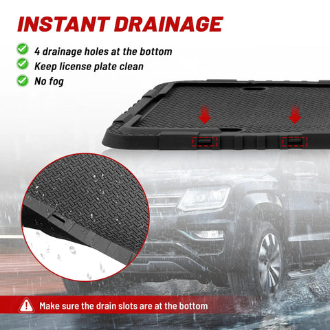 Silicone License Plate Frame With Anti Theft Screw Kit No Obstruction Anti Rattle Rust Proof showing drainage holes.