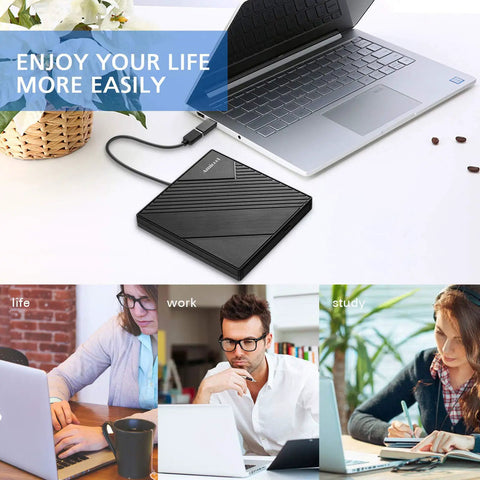 External DVD Drive USB 3.0 And USB C Slim Portable CD DVD RW Burner For Laptop And Desktop PCs Windows Mac Linux Plug And Play Optical Drive Reader Writer Ultra Thin Travel Ready, slim black external drive connected to laptop