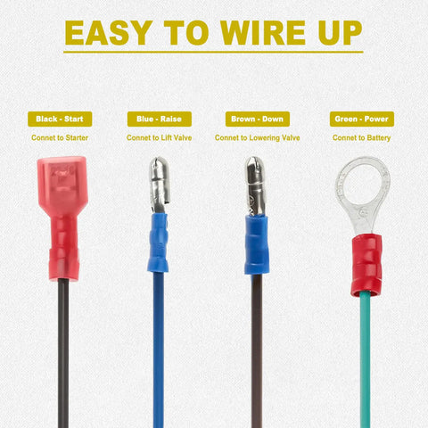 Wiring instructions for 12V DC 4-Wire Remote Switch For Hydraulic Dump Trailer Dual-Acting Pump with color-coded connectors.