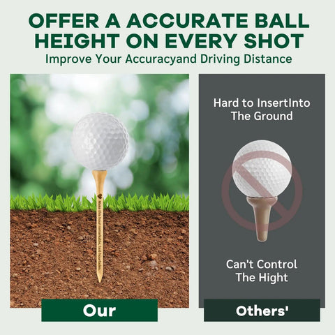 Comparison of two golf tees showing height and stability, highlighting Custom Golf Tees Set With Your Name Or Logo advantages.