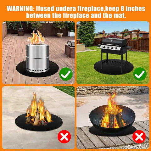 36 Inch Round Fire Pit Mat 2000 Fahrenheit Heat Resistant Fireproof Pad For Deck Patio Under Grill And Fire Pit Protecting Surfaces From Sparks During Bonfires And Solo Stove Bonfire Use, shown with stove and grill.