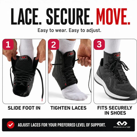Steps to wear Adjustable Lace Up Ankle Brace For Women And Men, showing lace-up process for sprained ankle support and stability.