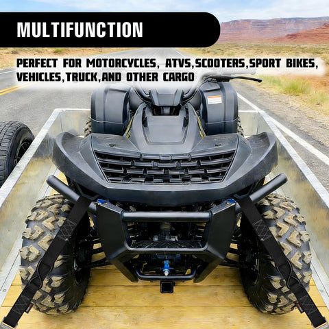 ATV secured with 2 Pack 1.5 Inch By 8 Ft Beefy 3000 Lb Motorcycle Tie Down Straps Heavy Duty Cam Buckle With S Hooks Soft Loops