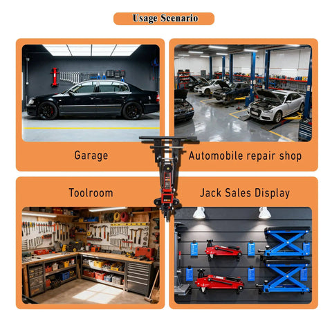 Heavy Duty Steel Floor Jack Holder And Jack Stand Wall Mount Hook Rack In Black Electroplate displayed in different settings