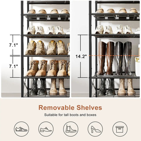 8-Tier Tall Shoe Rack Organizer For Entryway And Closet with removable shelves for boots and other footwear, rustic brown finish.