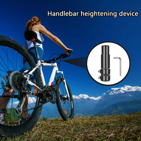 Woman riding bike with Beefy Adjustable Bicycle Handlebar Riser Extender That Lifts Bar Height Up To 5.3 Inches and toolkit inset.
