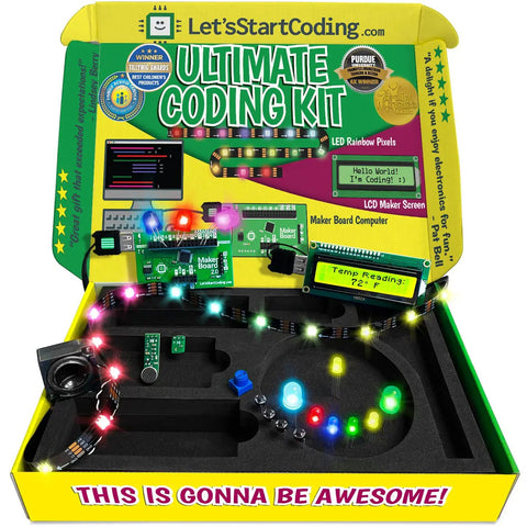 Code Ready Kids Coding Kit For Ages Eight To Twelve With 100 Plus Free Code And STEM Projects, Hands On Learning With C Plus Plus Programming, Fun Coding Games For Tweens, Great Gift For Techy Teens Of All Genders. Open coding kit with LED lights, LCD screen, and maker board