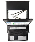 16 Port DisplayPort Kvm Switch Console Featuring 17 Inch Lcd Monitor Rackmount Touchpad And Keyboard, top view with monitor open.