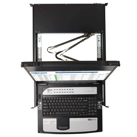 16 Port DisplayPort Kvm Switch Console Featuring 17 Inch Lcd Monitor Rackmount Touchpad And Keyboard, top view with monitor open.