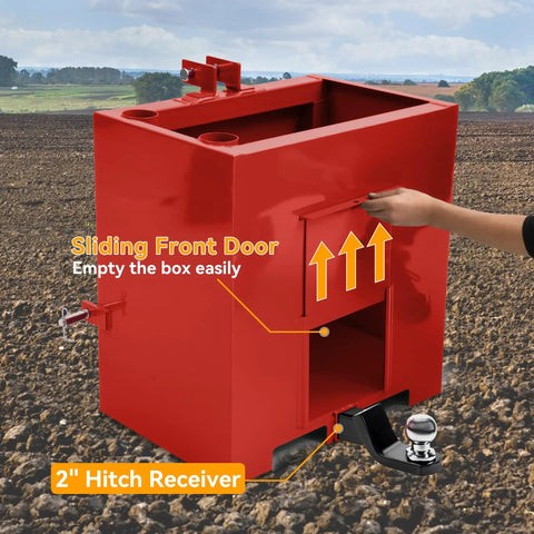 2 Inch Receiver Ballast Box For Tractors And Skid Steers, 3 Point Category 1 with sliding front door on field