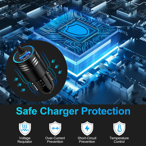 48W USB C Car Charger With Built In 30W Type C Cable Fast Charge Android Car Adapter highlighting safety features