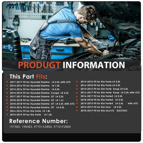  mechanic working on an engine with product fitment chart for Straight Swap AC Compressor With Clutch Assembly For Hyundai Elantra And Kia Forte