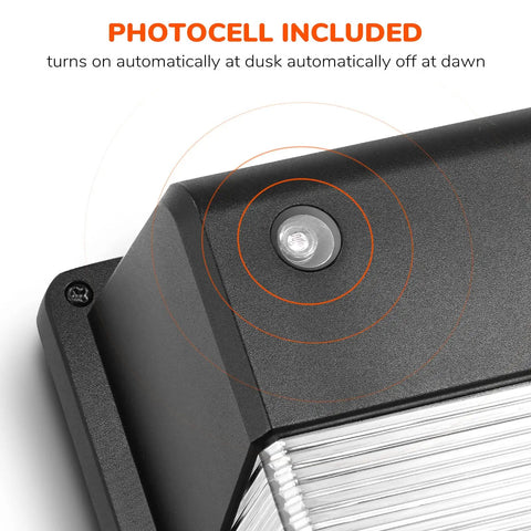 Close-up of photocell on Outdoor Dusk To Dawn LED Wall Pack Light with Photocell 28W Equivalent for outdoor security lighting.