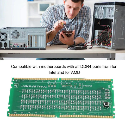 Technician using DDR4 Memory Diagnostic Tool For Desktop PCs With LED Indicator No Fuss Memory Troubleshooter on motherboard