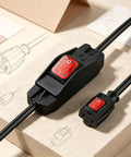 Heavy Duty Premium Weatherproof Extension Cord With 3 Prong Grounded Plug Indoor Outdoor Power Lead For Home And Backyard Gear Built Tough With Safe Copper Conductors Always Reliable, showing a switch and plug.