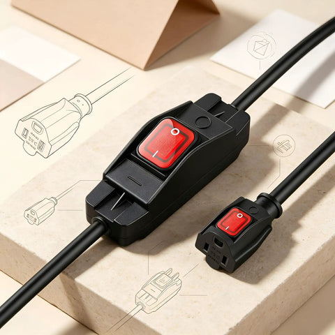 Heavy Duty Premium Weatherproof Extension Cord With 3 Prong Grounded Plug Indoor Outdoor Power Lead For Home And Backyard Gear Built Tough With Safe Copper Conductors Always Reliable, showing a switch and plug.