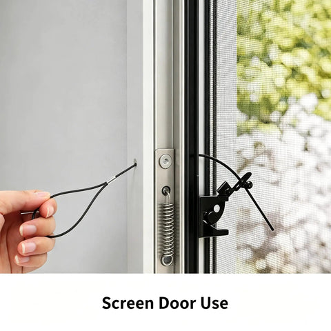 Using Heavy Duty Black Stainless Steel Gate Latch Cable Pull Kit With Spring Tension Adjustment on a screen door.