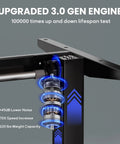 Close-up of electric standing desk frame engine with memory height controller for home and office, black frame