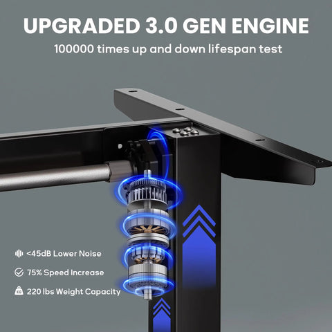 Close-up of electric standing desk frame engine with memory height controller for home and office, black frame