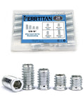Top Shelf 28 Piece Zinc Plated Steel Threaded Inserts Kit Featuring 5/16 18 Allen Hex Socket Drive Furniture Nuts for Heavy Duty Woodworking Tasks Built Damn Tough in storage case.