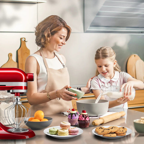 Mother and daughter baking in kitchen with red stand mixer featuring Stainless Steel 6 Wire Whip Attachment For KitchenAid Stand Mixer