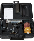 Compact Quarter Inch Collet Air Die Grinder Kit With Squared Off Right Angle Frame And Punchy 21000 Rpm Torque Setup in a carry case with accessories.
