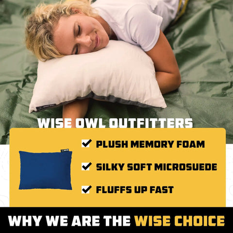 Memory Foam Travel Pillow For Planes And Cars Ultra Compact Easy Carry Micro Suede Neck Support For Adults shown on camping mat