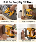 18 Gauge Cordless Brad Nailer 2 In 1 Electric Nail And Staple Gun Kit shown in use for upholstery, woodworking, and furniture repair.