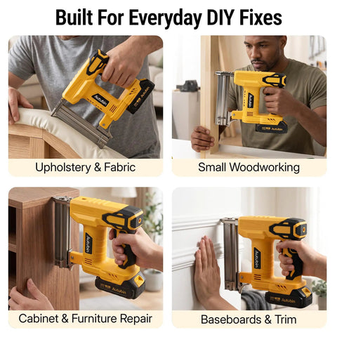 18 Gauge Cordless Brad Nailer 2 In 1 Electric Nail And Staple Gun Kit shown in use for upholstery, woodworking, and furniture repair.