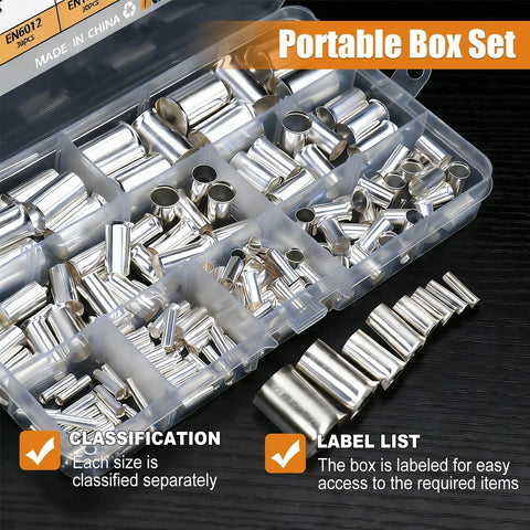 Open box of Heavy Duty Wire Ferrules Kit With Eight Size Silver Plated Copper Ends for AWG 1/0 to 12 in organizer