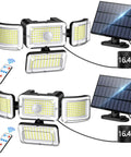 Solar Motion Sensor Flood Lights Outdoor 2 Pack, 3500LM 288 LED, IP67 Waterproof, Remote Control, 16.4Ft Cable, front and side view