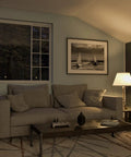 Living room with Spyglass Table Lamp With Antique Brass Finish, linen shade, 30.5 inches tall, beside a sofa and window at night.