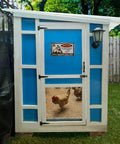 Automatic Chicken Feeder And Cup Waterer Set For Backyard Flocks No Waste Poultry Design Chicken coop with a blue exterior and door.