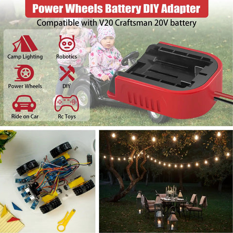Two Pack Power Wheel Adapters for V20 20V Lithium Batteries CMCB200 to CMCB205, Heavy Duty 14 Gauge Wire Kit with images of DIY use