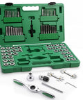 Top Notch 75 Piece Ratcheting Tap And Die Set Featuring SAE Metric Threads With Heavy Duty HSS Bits And Smooth 72 Tooth T Handle For Tight Quarters Rethreading Jobs That Rock, open case