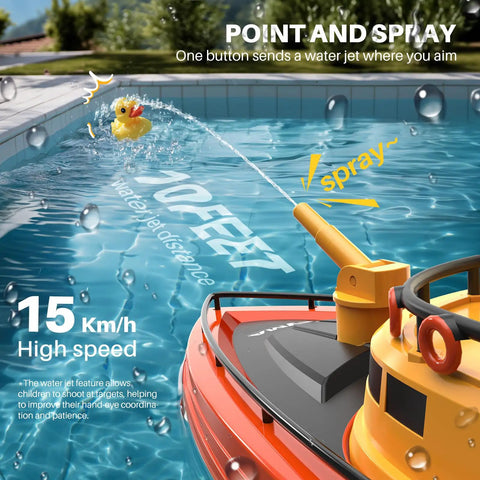 Awesome Remote Control Fireboat RC Boat For Kids 8 To 12 With 40 Minutes Run Time Two Batteries One Key Water Spray 15 MPH